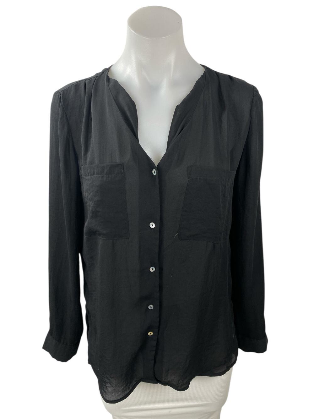 H&M Conscious Women's Black V Neck Long Sleeve Button Down Shirt Blouse Top Sz 2